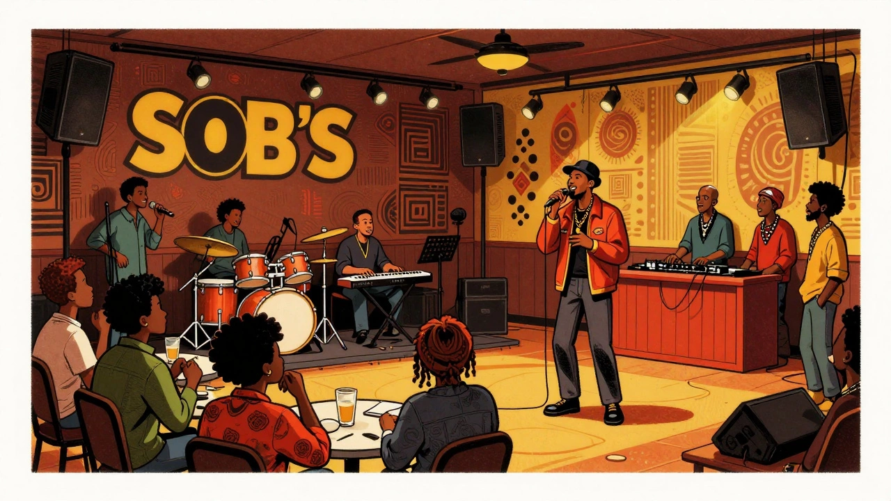 Retro illustration of SOB's venue showing seated listeners and a live neo-soul band.