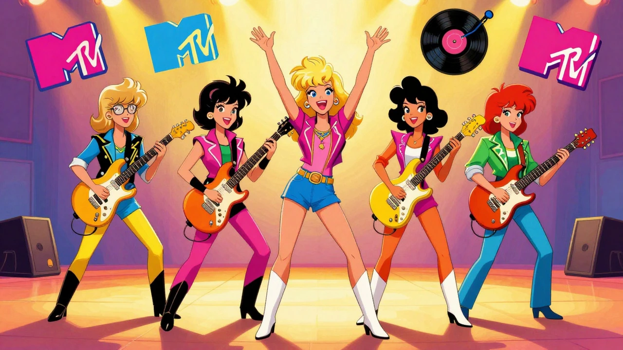 Retro illustration of The Go-Go's celebrating their chart-topping success in the 80s.