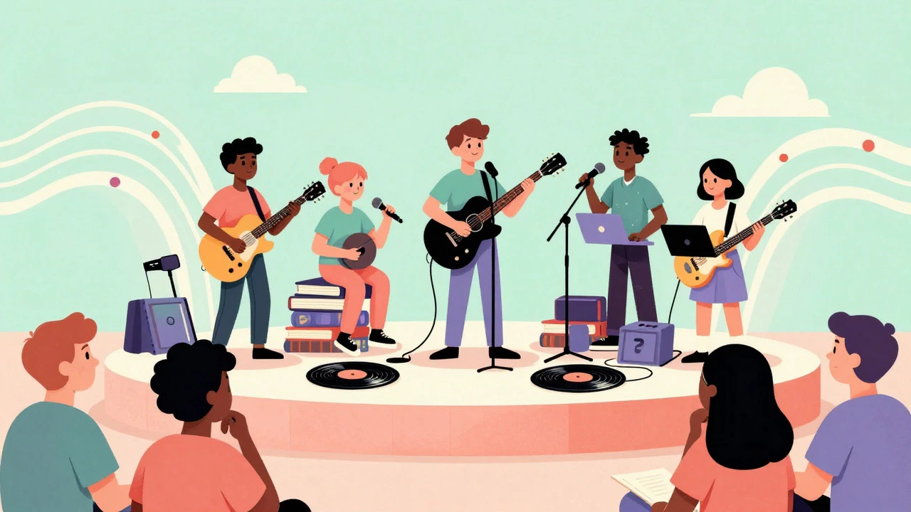 Retro illustration of young musicians performing on a stage made of books and records.