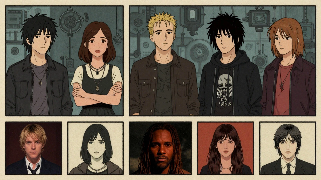 Retro-style cartoon illustrating modern bands influenced by Joy Division, reflecting their lasting impact on music, fashion, and culture.
