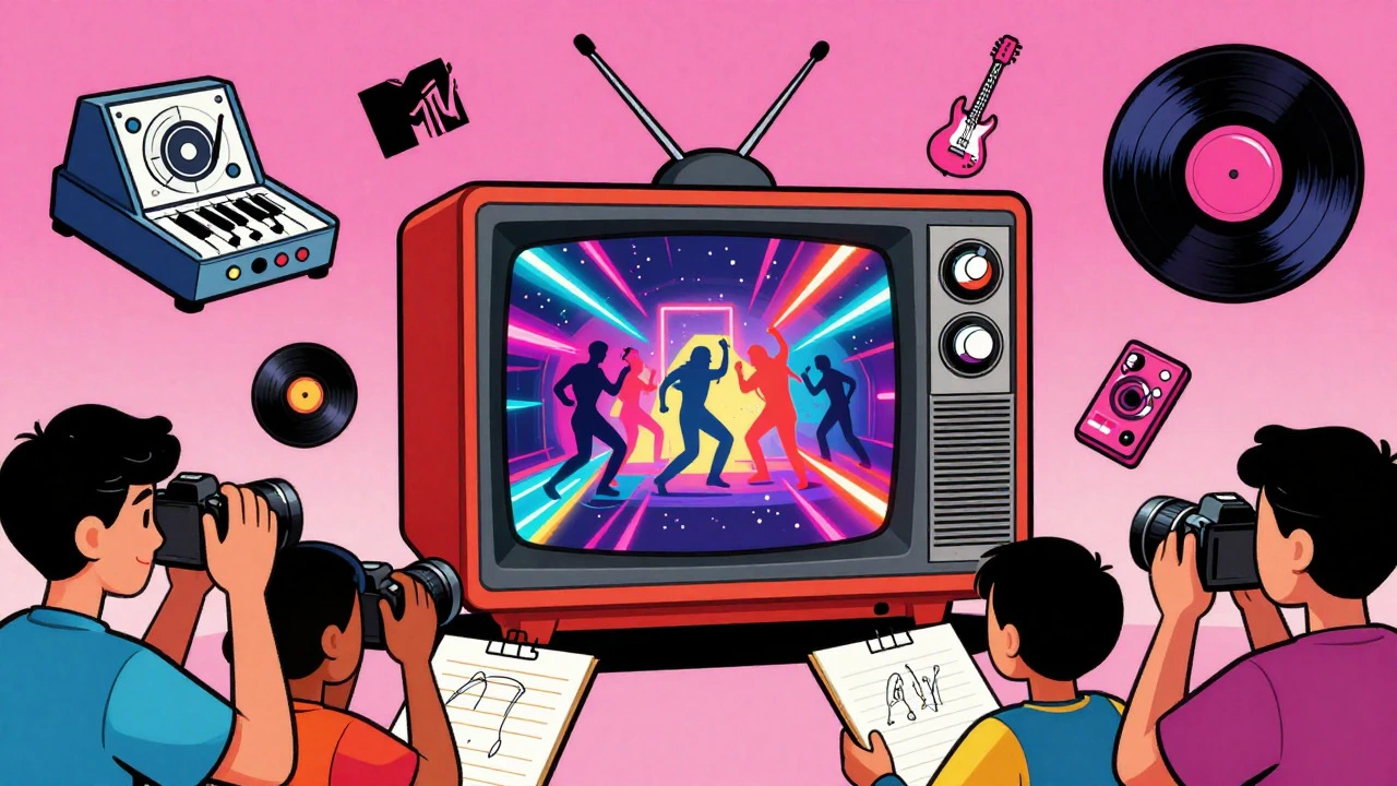 Retro TV showing music videos surrounded by synth tech icons