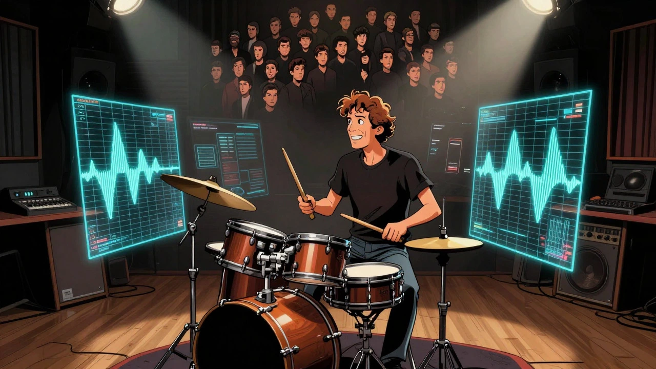 Rick Allen playing electronic drums with digital effects