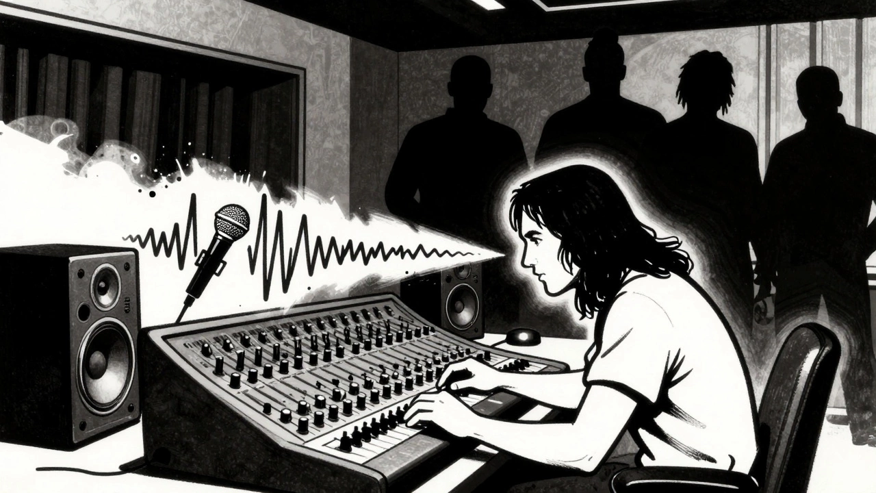 Rick Rubin producing music in a gritty minimalist studio cartoon