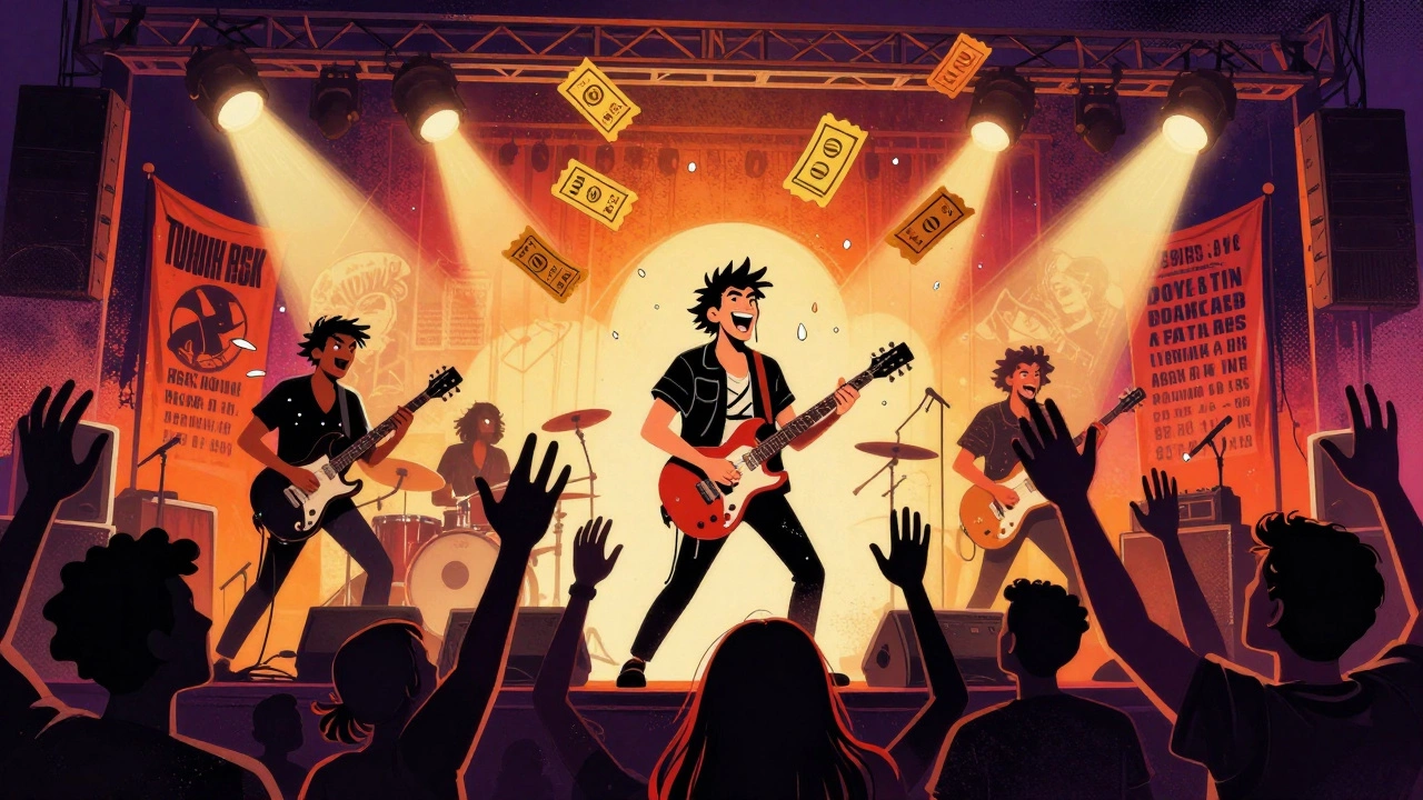 Rock band performing live concert with crowd and merchandise focus