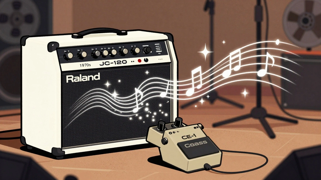 Roland JC-120 amp and Boss CE-1 pedal with sound waves