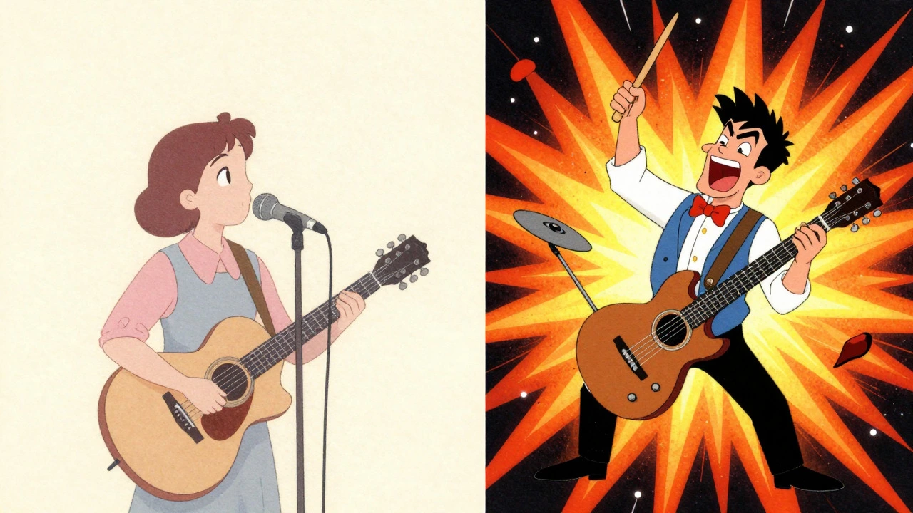 Split cartoon showing quiet verse vs loud chorus dynamics