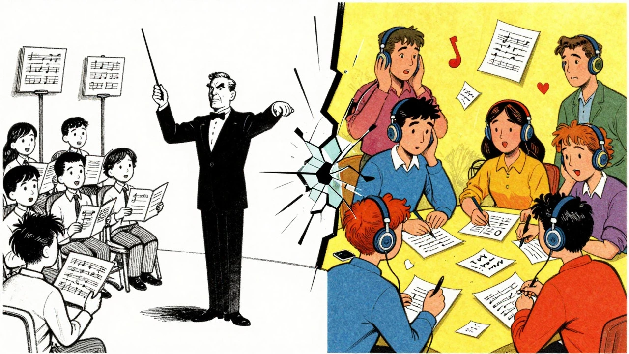 Split cartoon showing strict conductor vs collaborative students breaking down barriers.