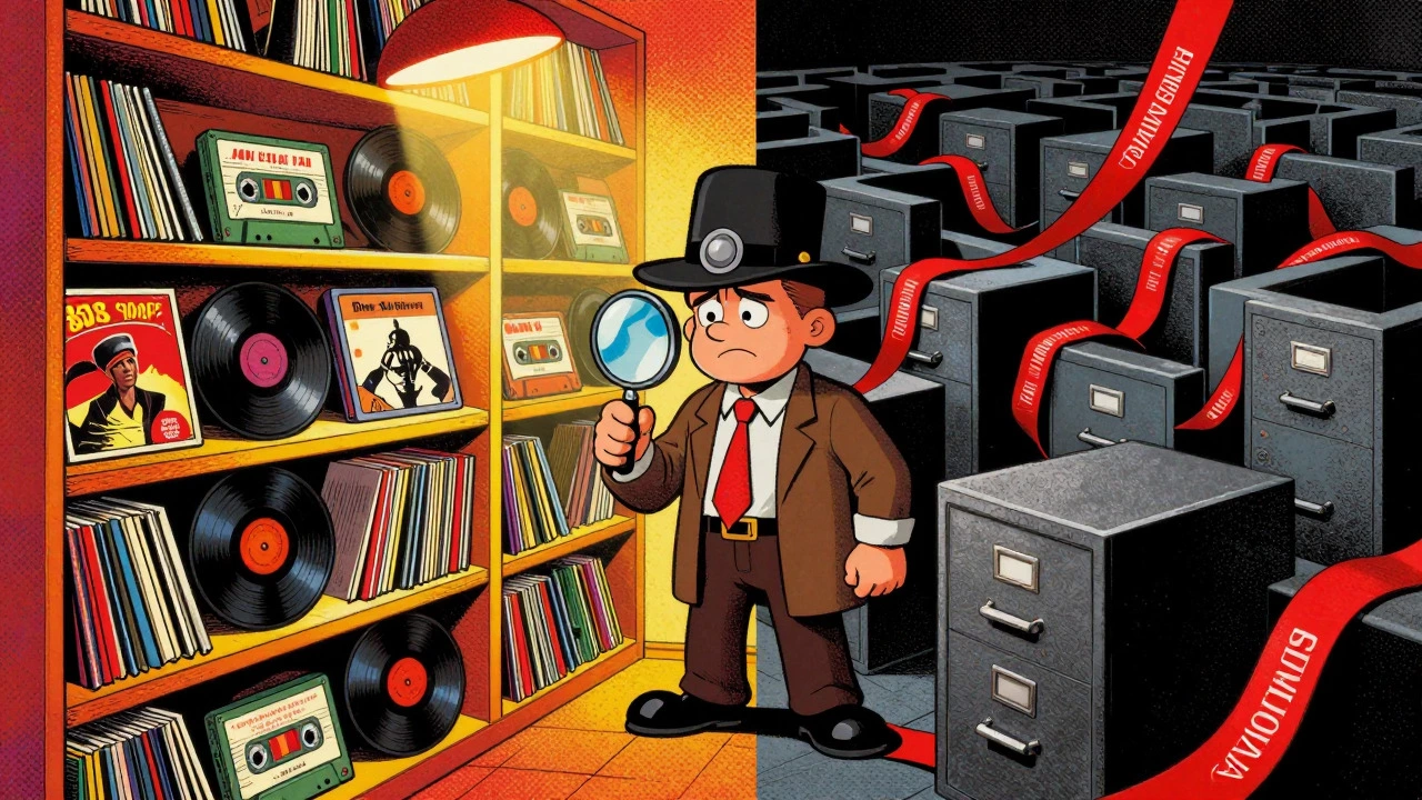 Split scene: organized 80s music library vs tangled film licensing maze