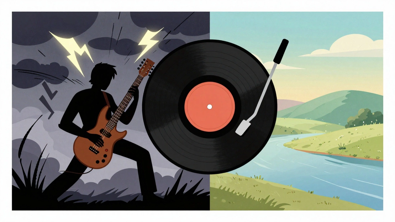 Split view of stormy rock side and calm melody side of vinyl