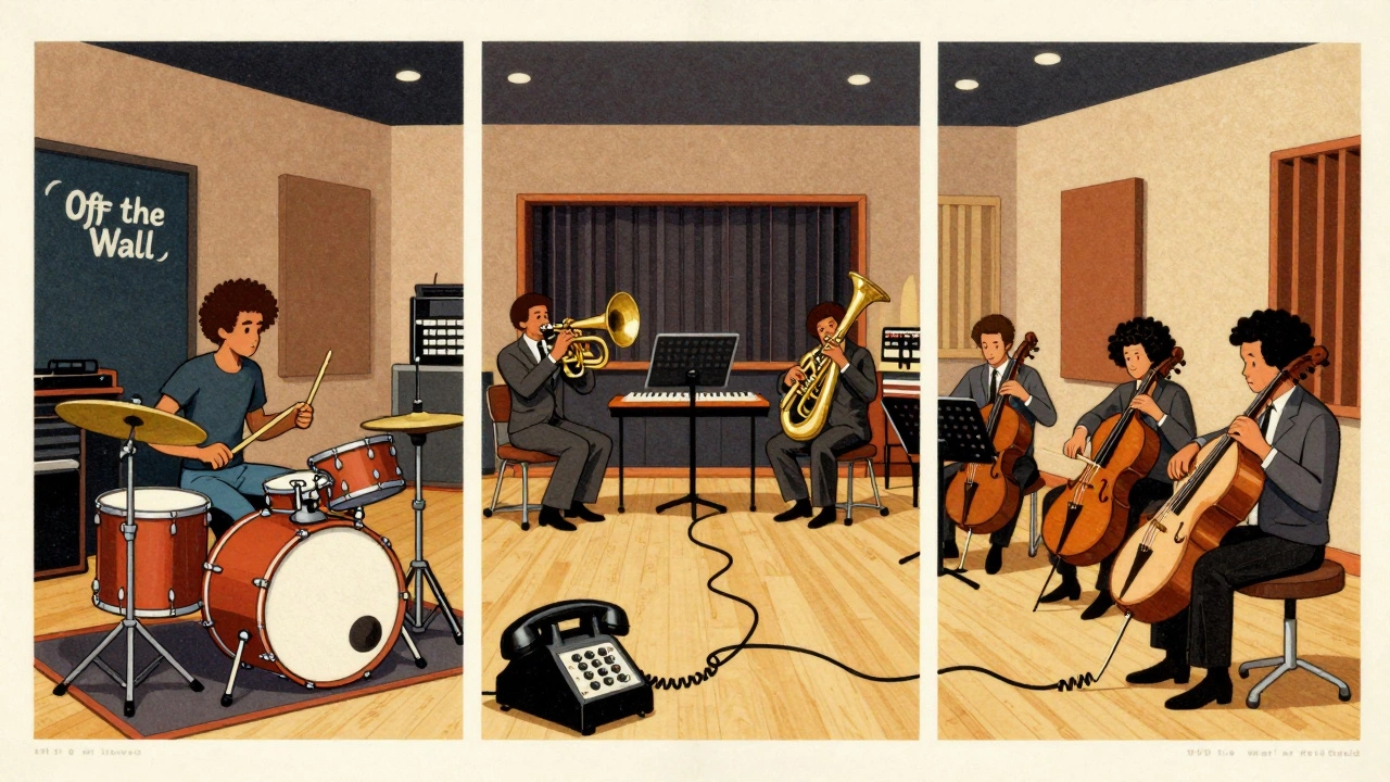 Split view of three studios recording different instruments separately