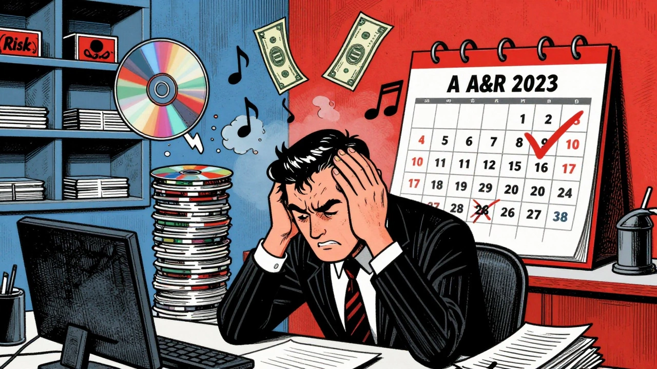 Stressed music executive surrounded by disappearing CDs and money