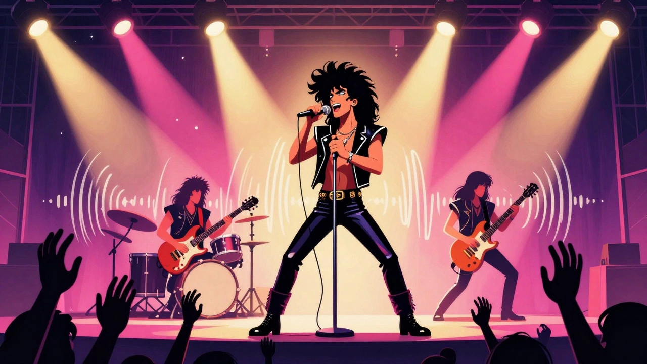 Stylized rock band performing on stage with energetic crowd