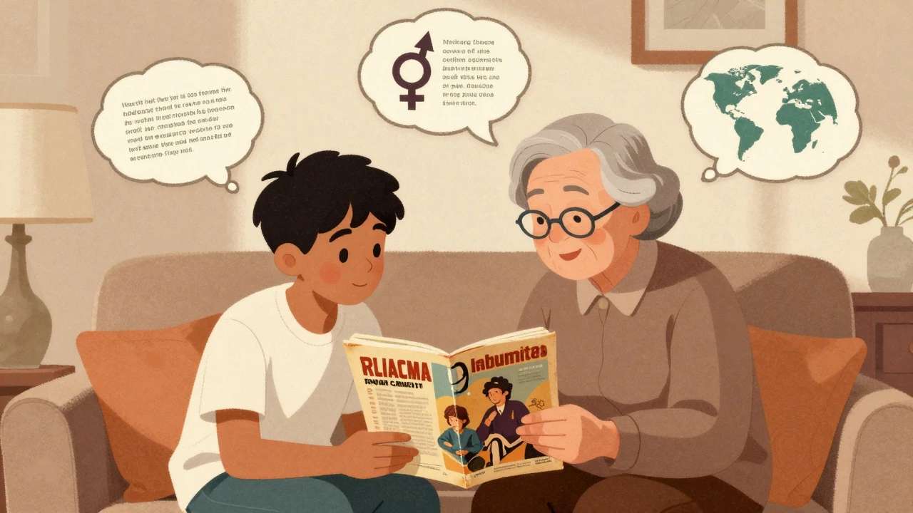 Teen and elder discussing 80s album covers and social issues