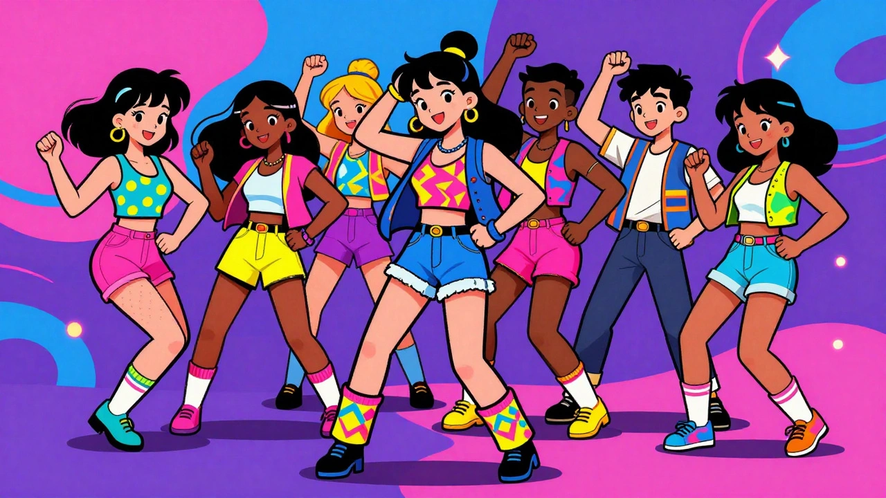 Teenagers dancing in retro 80s style cartoon