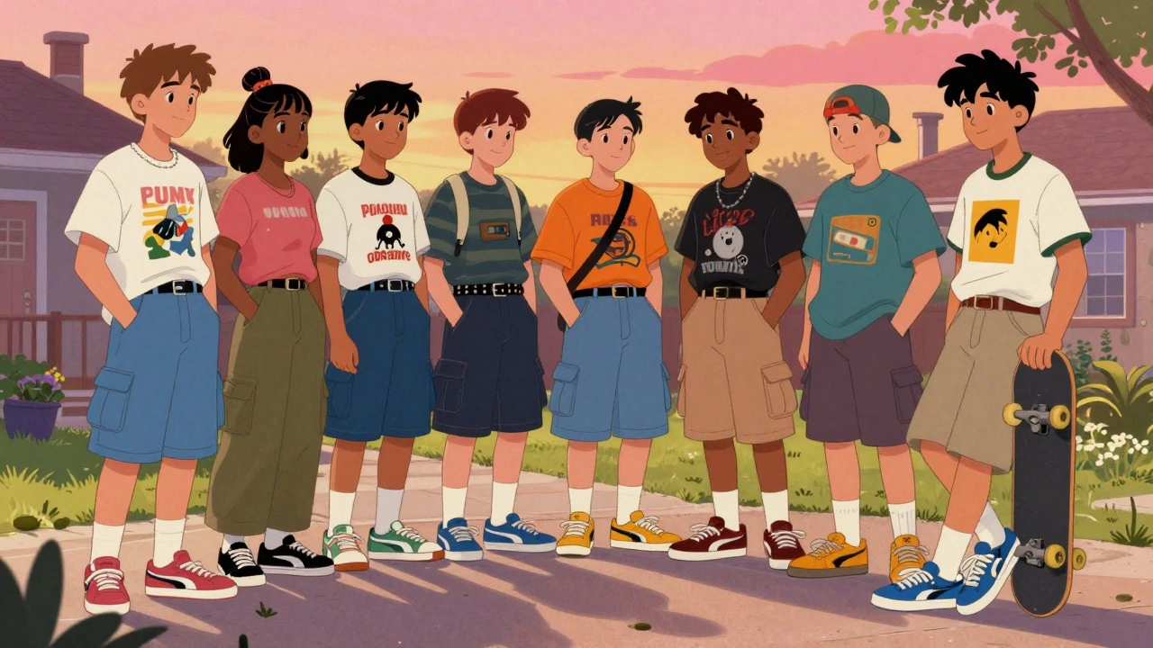 Teenagers in 90s pop punk fashion hanging out in a suburban yard