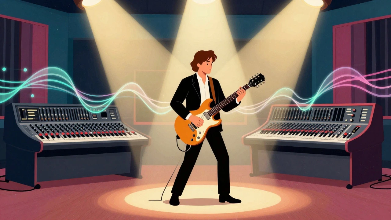 Tom Petty and Jeff Lynne collaborating in a retro-styled recording studio illustration.