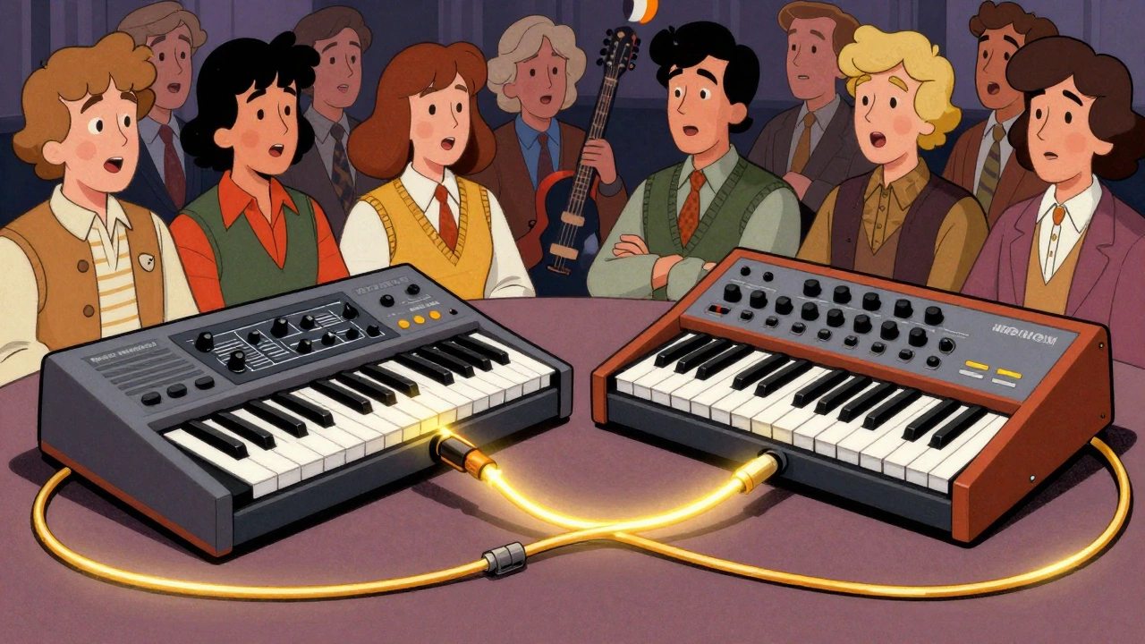 Two synths connected by a glowing magic cable at a 1983 show