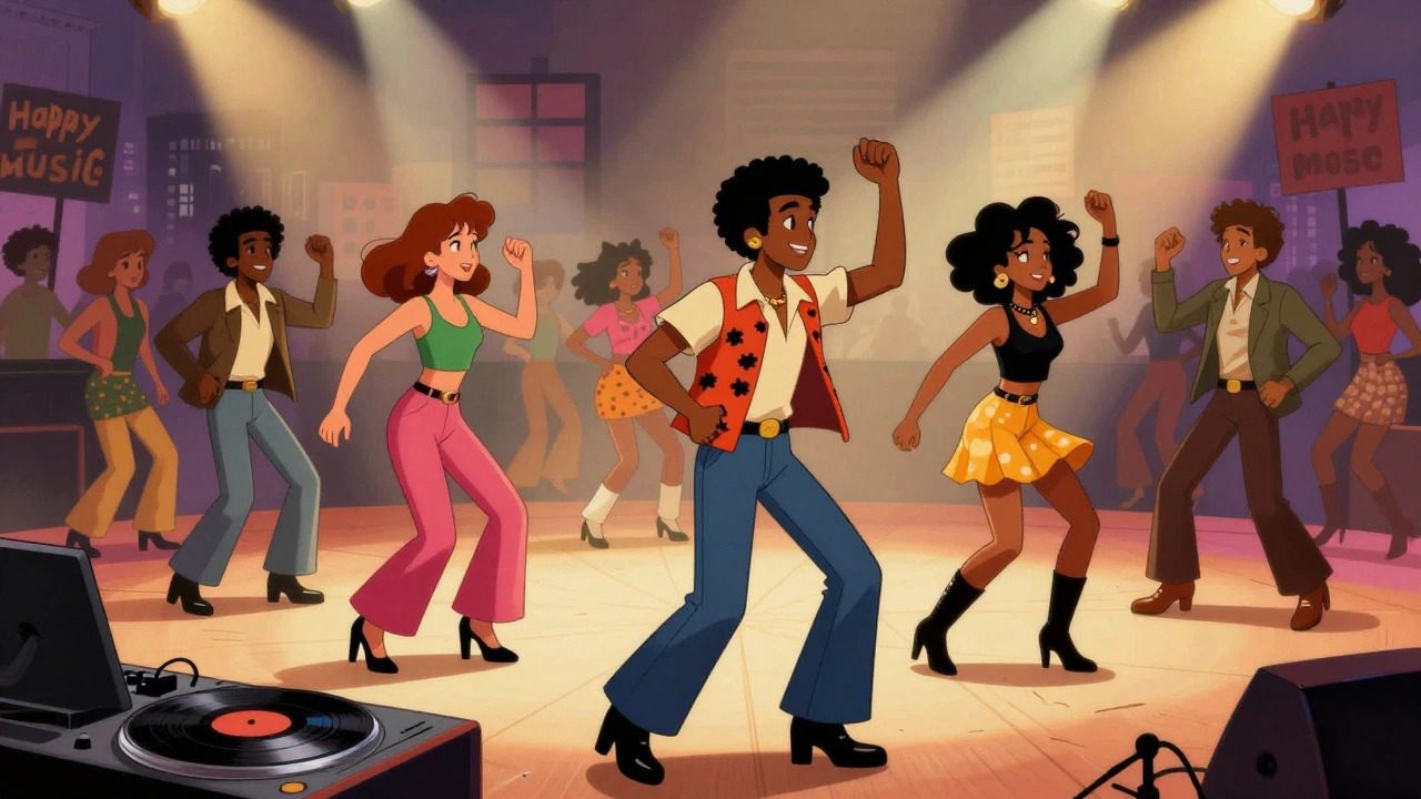 Vintage cartoon of 70s dancers in bell-bottoms celebrating on dancefloor