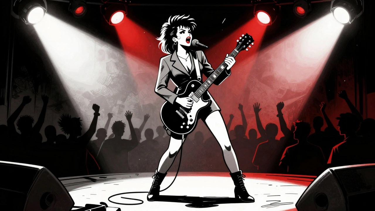 Vintage cartoon of a female punk rocker performing aggressively on stage in the 1970s