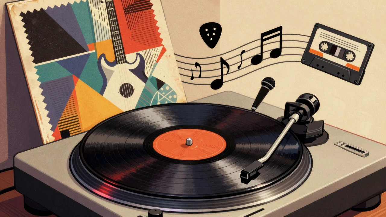 Vintage cartoon of a vinyl record spinning on a turntable with music notes.