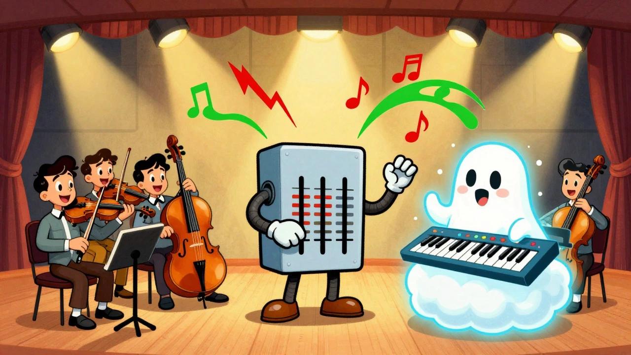 Vintage cartoon of an EQ balancing strings and synth pads on stage