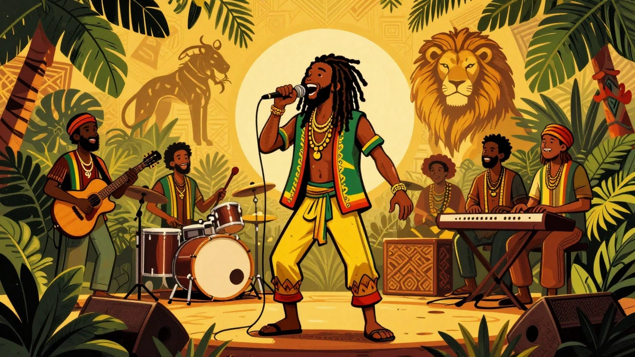 Vintage cartoon of conscious roots reggae singer with band