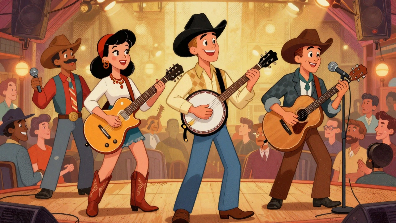 Vintage cartoon of diverse country musicians performing on stage