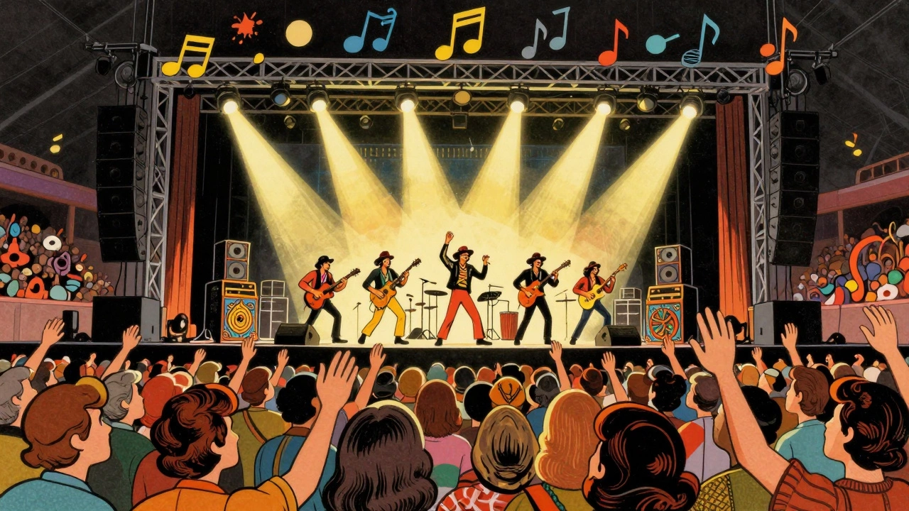 Vintage cartoon of Fleetwood Mac performing in a stadium