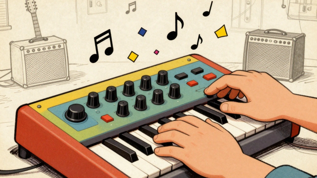 Vintage cartoon of hands playing a colorful, friendly-looking analog synthesizer.