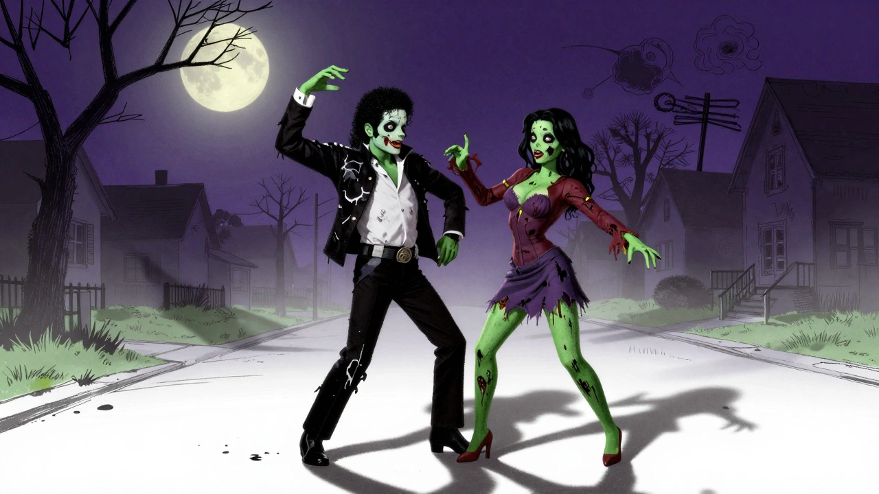 Vintage cartoon of Michael Jackson as a zombie in the Thriller video