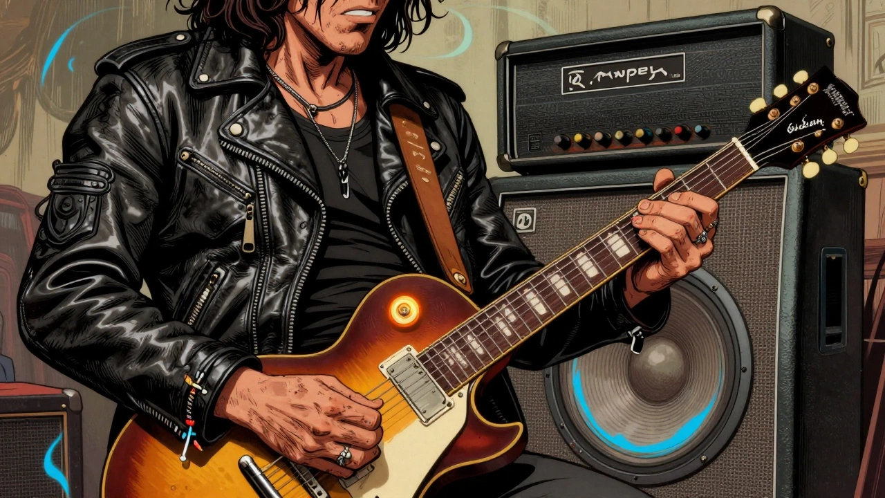 Vintage cartoon of punk rocker playing Les Paul Jr into loud tube amp