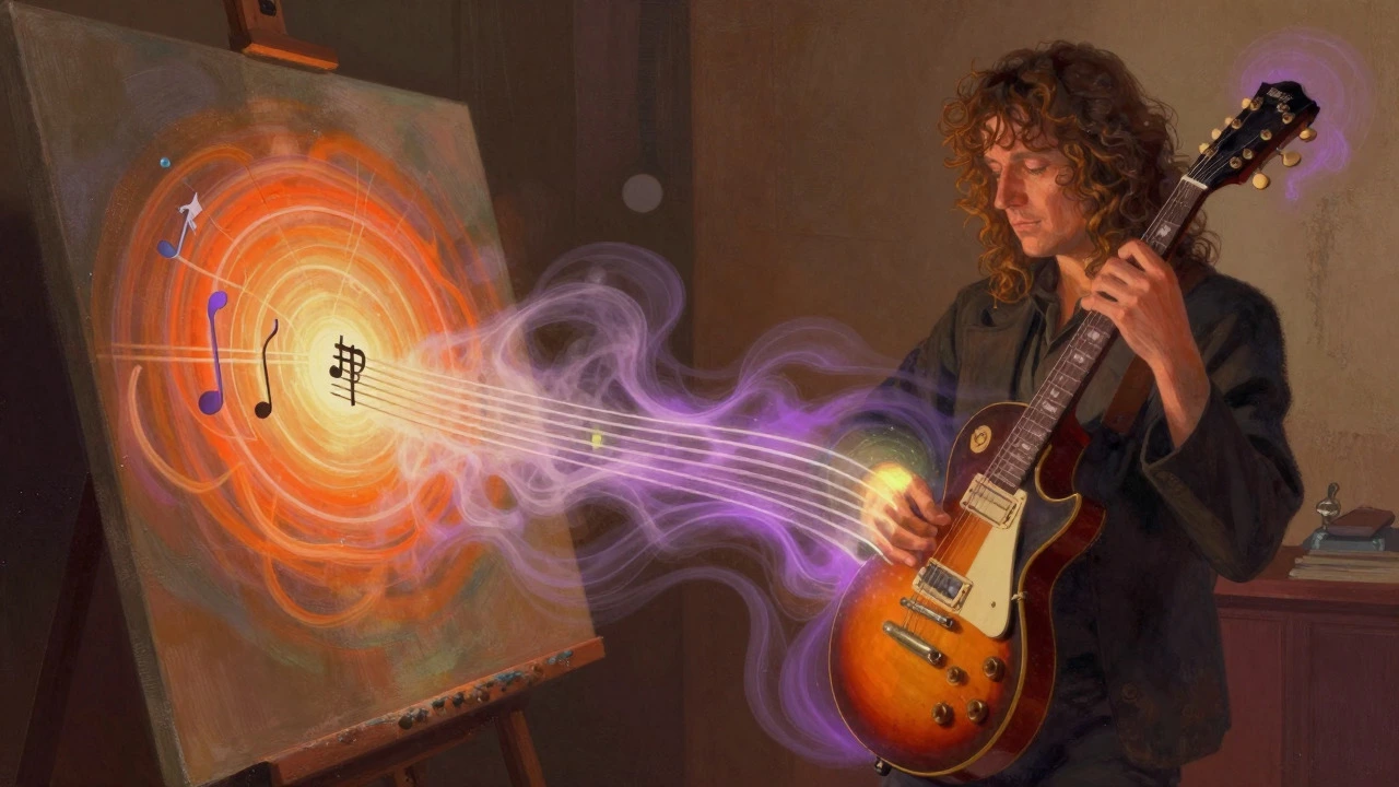 Vintage cartoon of Steve Hackett painting atmospheric soundscapes with his guitar