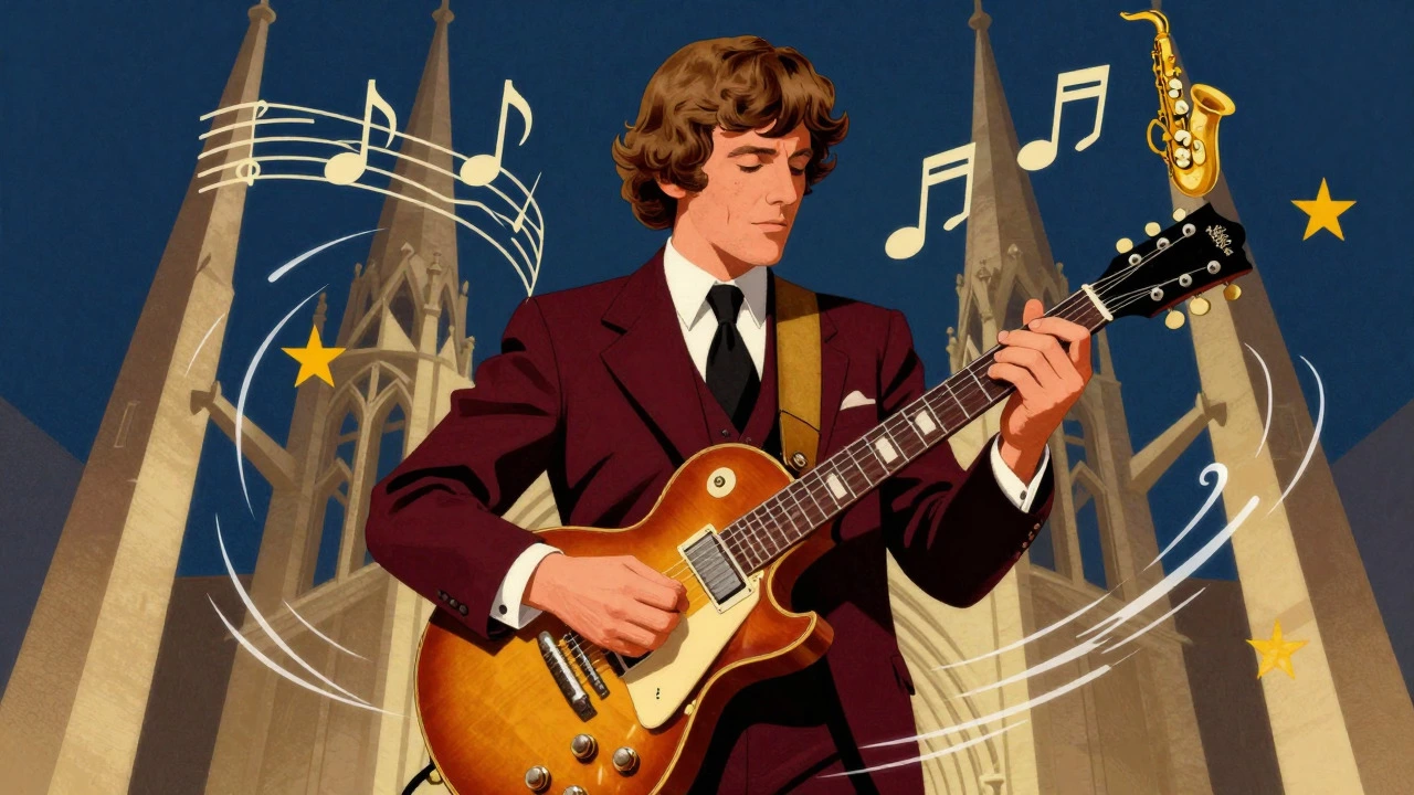 Vintage cartoon of Steve Howe surrounded by classical and jazz musical symbols