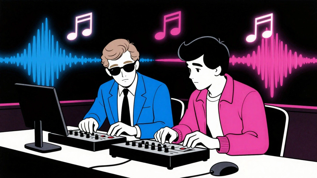 Vintage cartoon of two producers working on drum machines and mixing boards