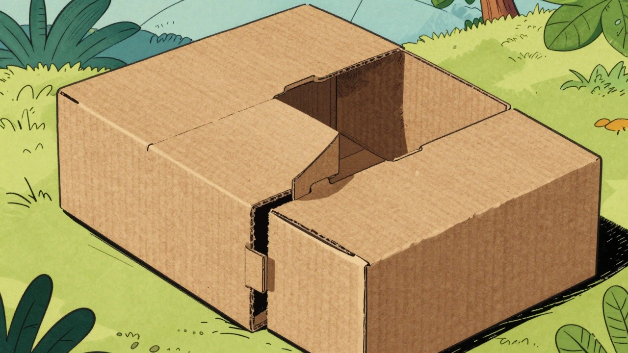 Vintage cartoon showing a glue-free, interlocking recycled cardboard album box assembly.