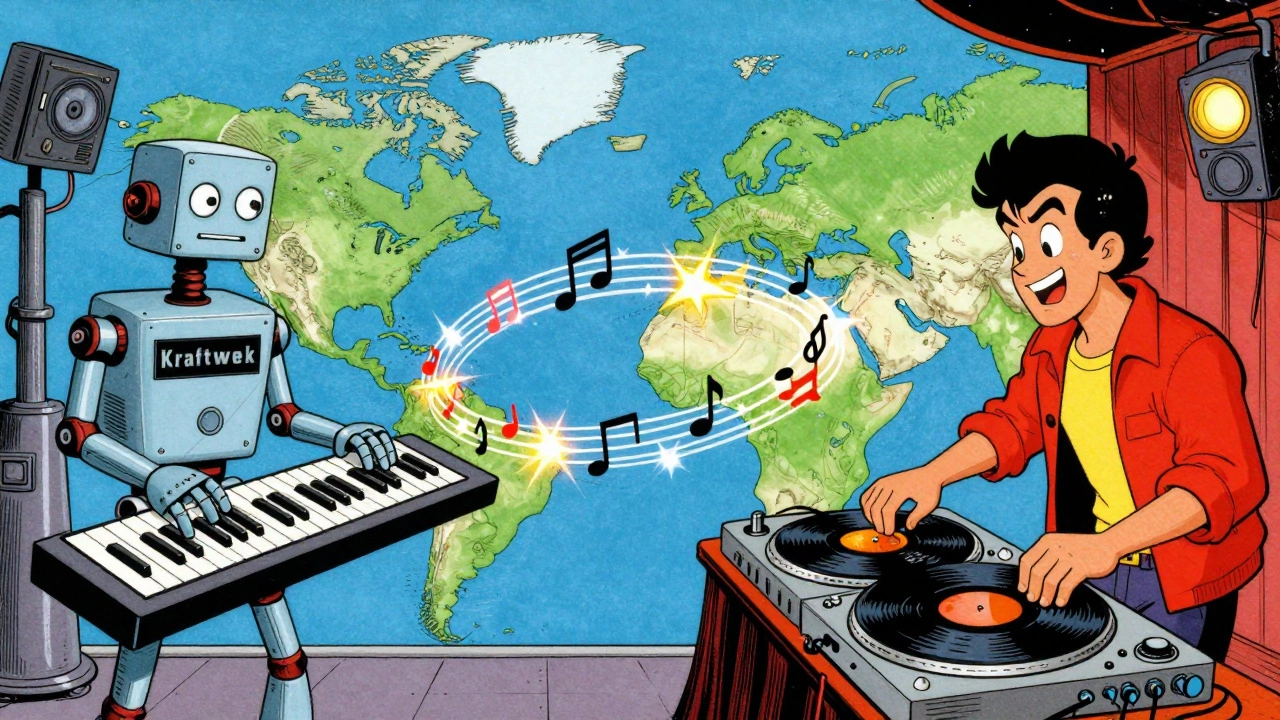 Vintage cartoon showing musical influence flowing between German robots and US DJs.