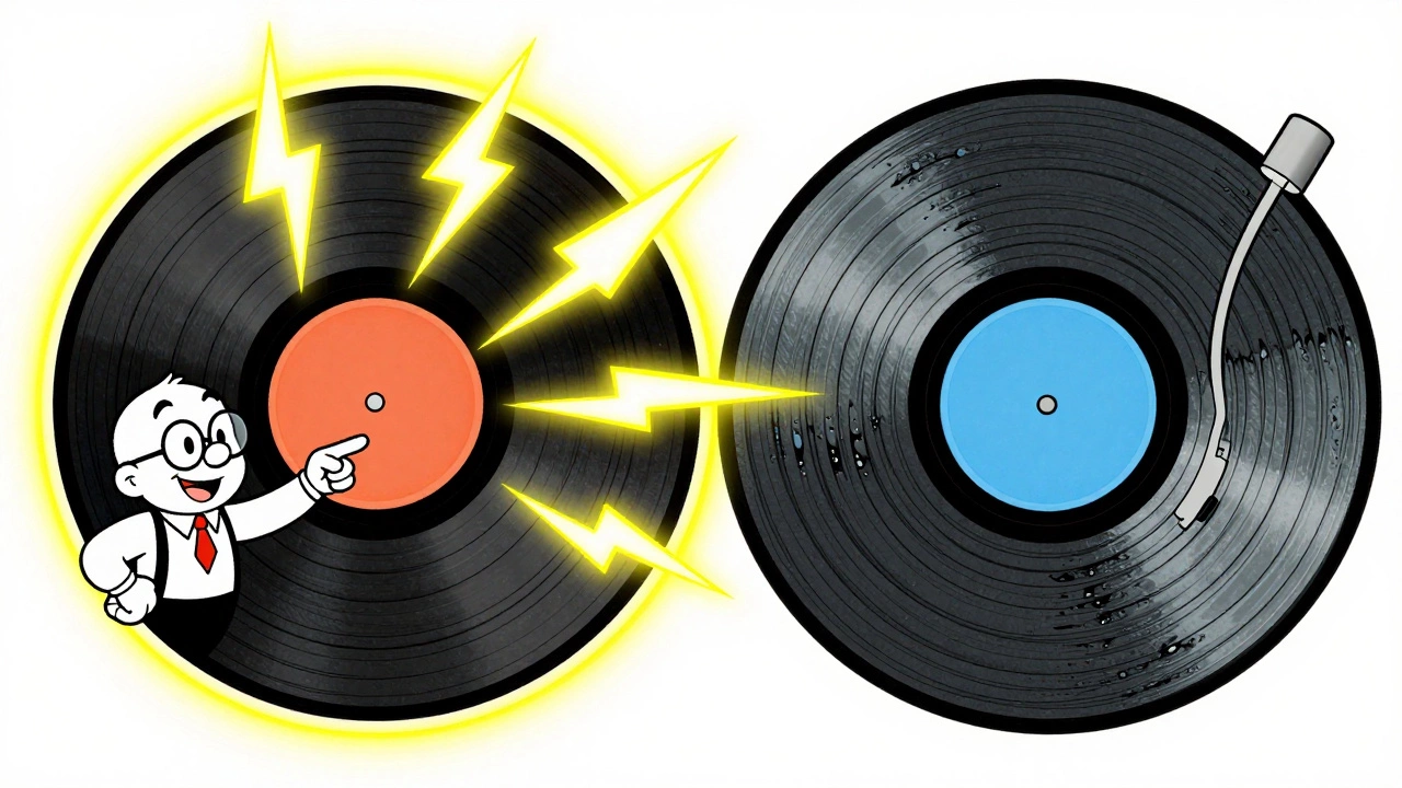 Vintage cartoon showing vinyl groove physics with energetic outer edges.