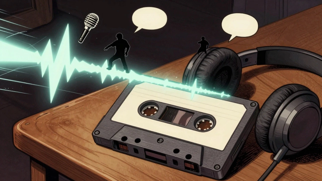 Vintage cassette tape with glowing sound waves symbolizing hip-hop history.