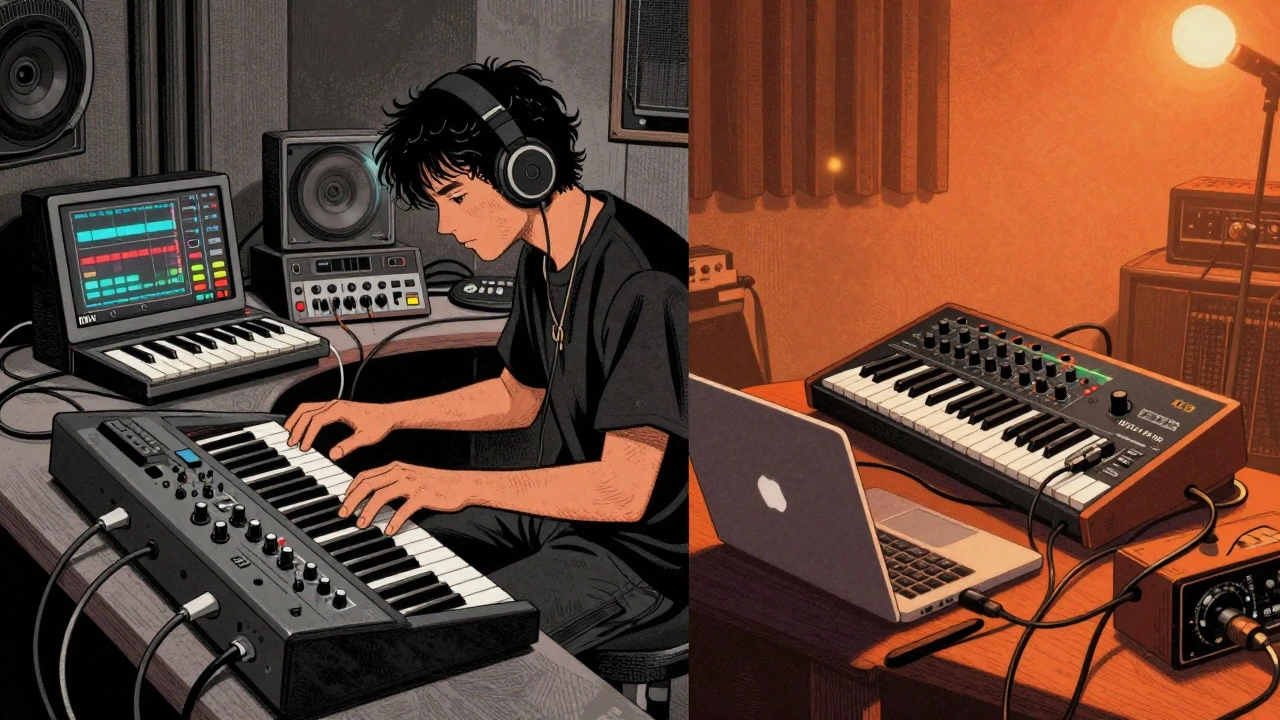 Vintage illustration comparing 1980s digital synth and modern analog setup