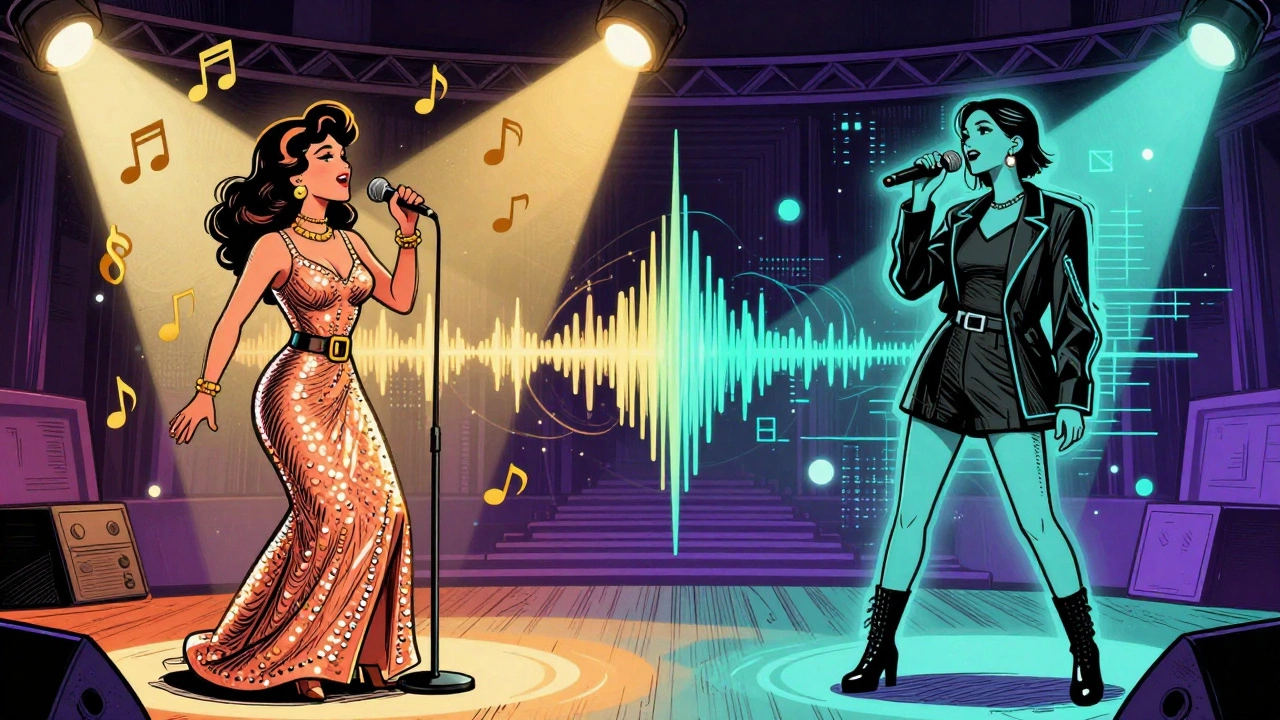 Vintage illustration comparing an 80s diva in sequins with a modern pop star in streetwear.