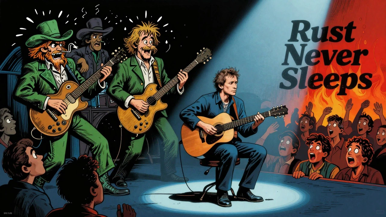 Vintage illustration of Neil Young's acoustic and electric performance contrast