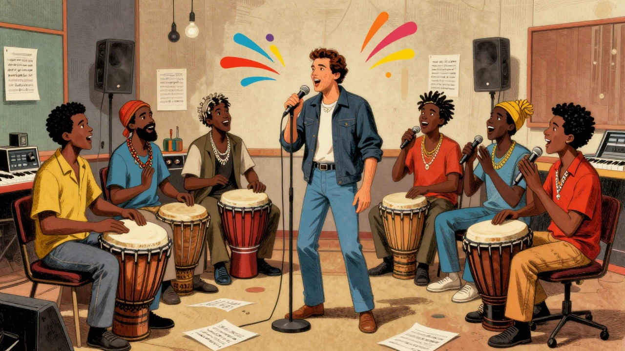 Vintage illustration of Paul Simon collaborating with South African musicians