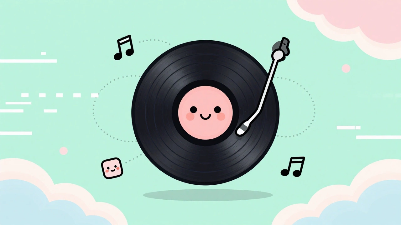 Vinyl record floating in digital music clouds