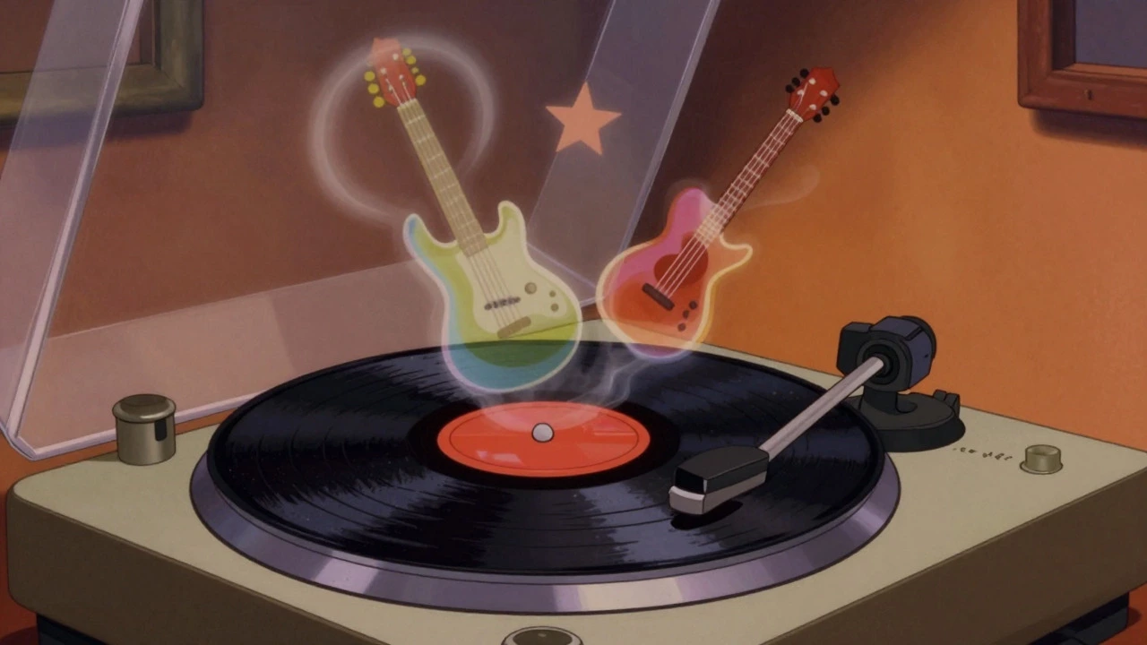 Vinyl record spinning with colorful smoke rings in warm light