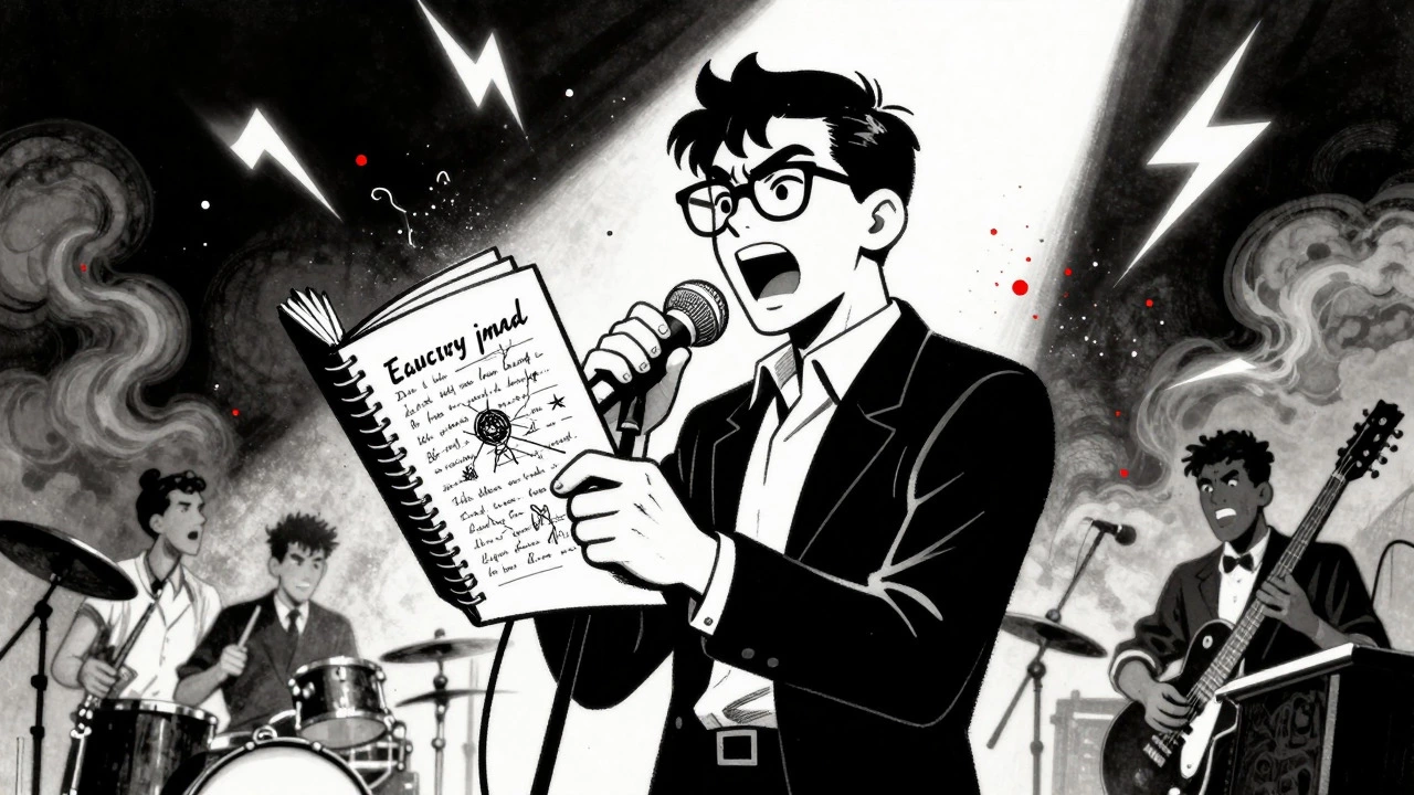 Young singer performing with intense energy under stage lights
