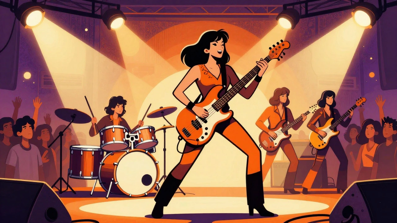 A confident female bassist performing on stage with her band in a vintage rock setting
