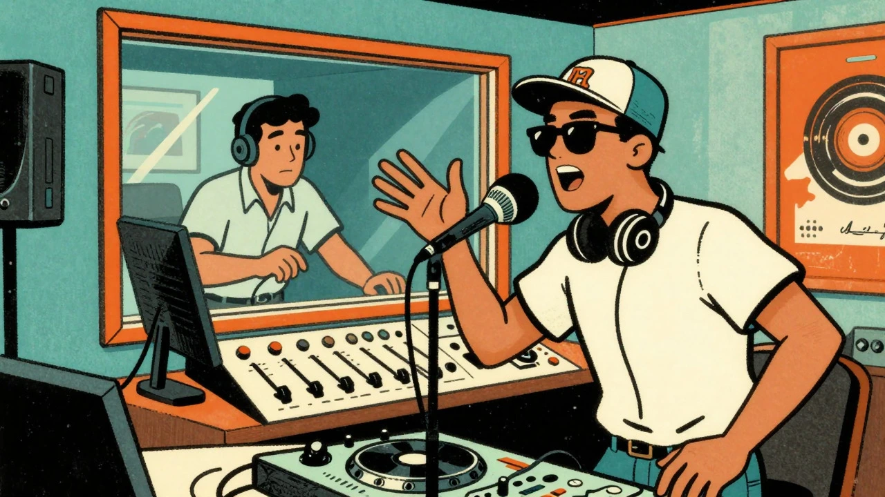 A deejay recording vocals in a busy studio illustrated in vintage cartoon style