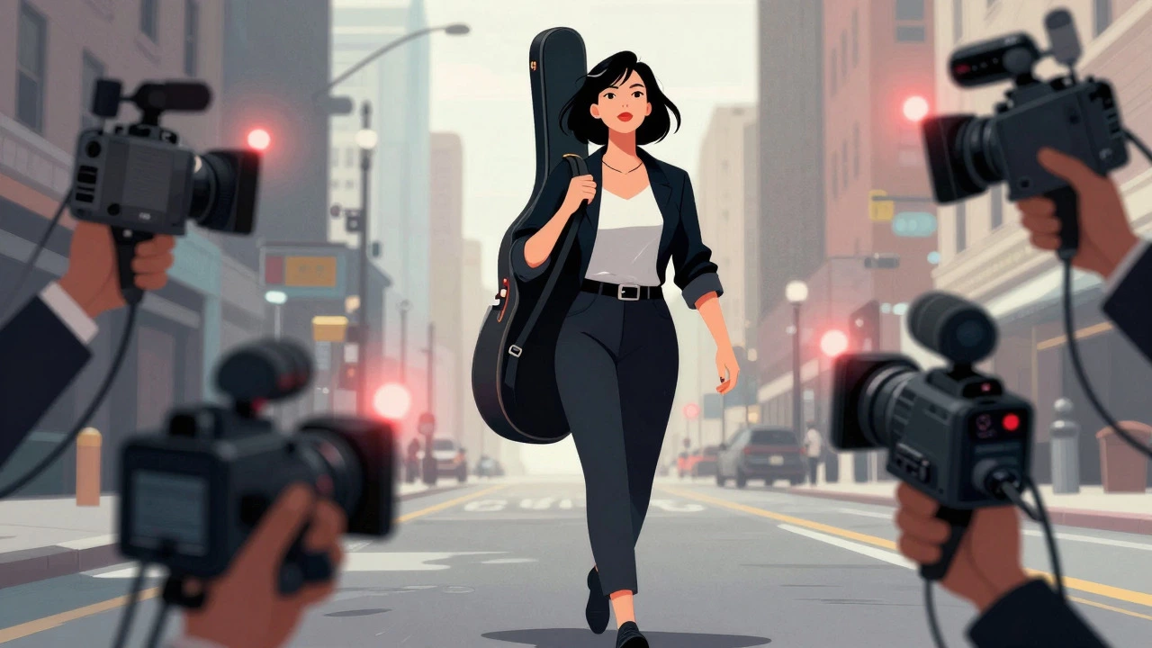 A female musician walking through a city surrounded by cameras and media attention
