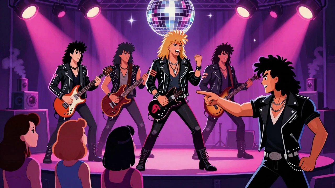 A glam metal band performing on stage with a crowd of passive female observers
