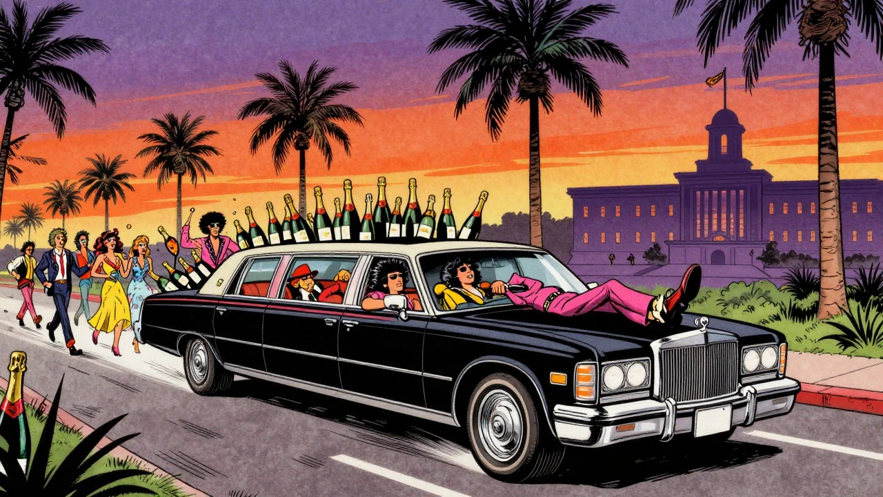 A luxury limousine full of partygoers driving past a government building at sunset